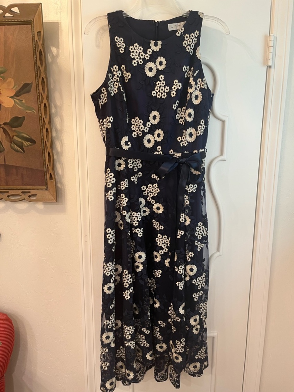 Sleeveless Navy Floral Midi Dress with Ribbon Waist